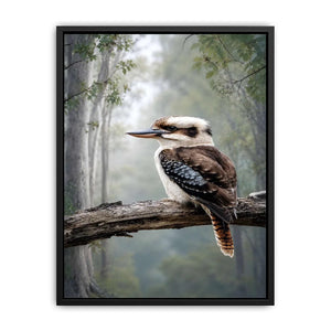 Kookaburra bird canvas art in misty forest for modern living room decor.