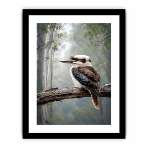 Kookaburra bird canvas art in misty forest for modern living room decor.