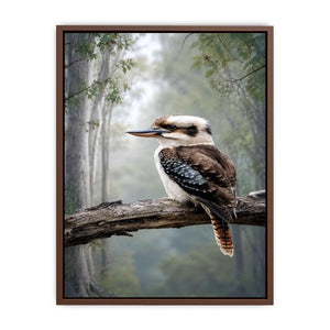 Kookaburra bird canvas art in misty forest for modern living room decor.
