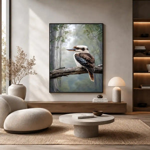 Kookaburra bird canvas art in misty forest for modern living room decor.