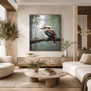 Kookaburra bird canvas art in misty forest for modern living room decor.