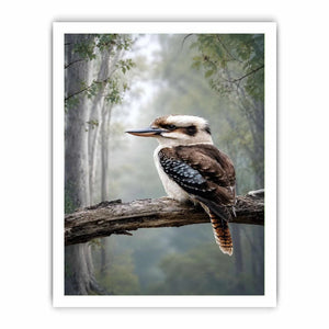 Kookaburra bird canvas art in misty forest for modern living room decor.