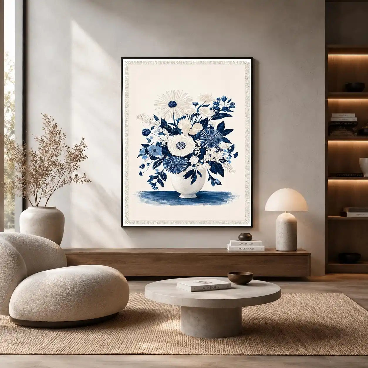 Blue and white floral canvas print for elegant bedroom wall decor.