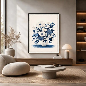 Blue and white floral canvas print for elegant bedroom wall decor.