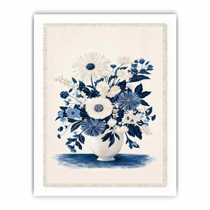 Blue and white floral canvas print for elegant bedroom wall decor.