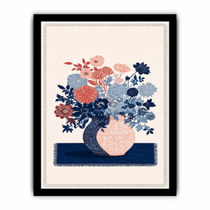 Pink and blue floral artwork in vase for modern living room decor.