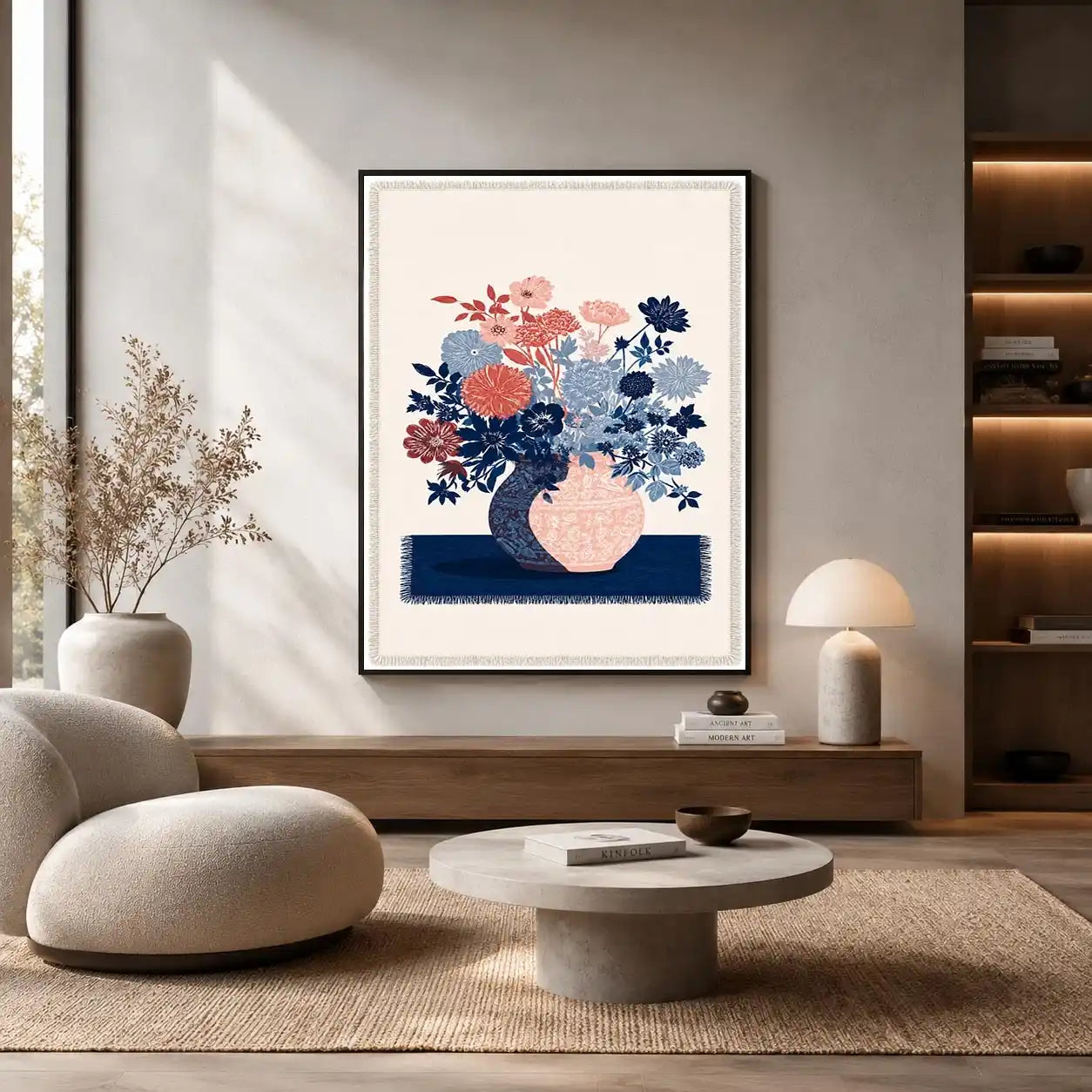 Pink and blue floral artwork in vase for modern living room decor.