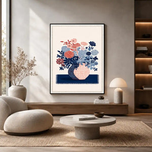 Pink and blue floral artwork in vase for modern living room decor.
