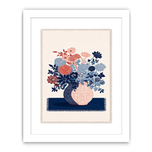 Pink and blue floral artwork in vase for modern living room decor.