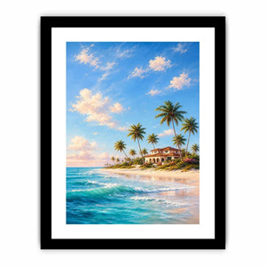 Tropical beach villa canvas art with palms for coastal living room decor.