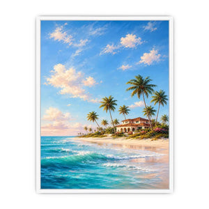 Tropical beach villa canvas art with palms for coastal living room decor.