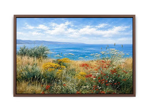 Coastal wildflower landscape canvas art for relaxed living room decor.