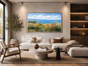 Coastal wildflower landscape canvas art for relaxed living room decor.