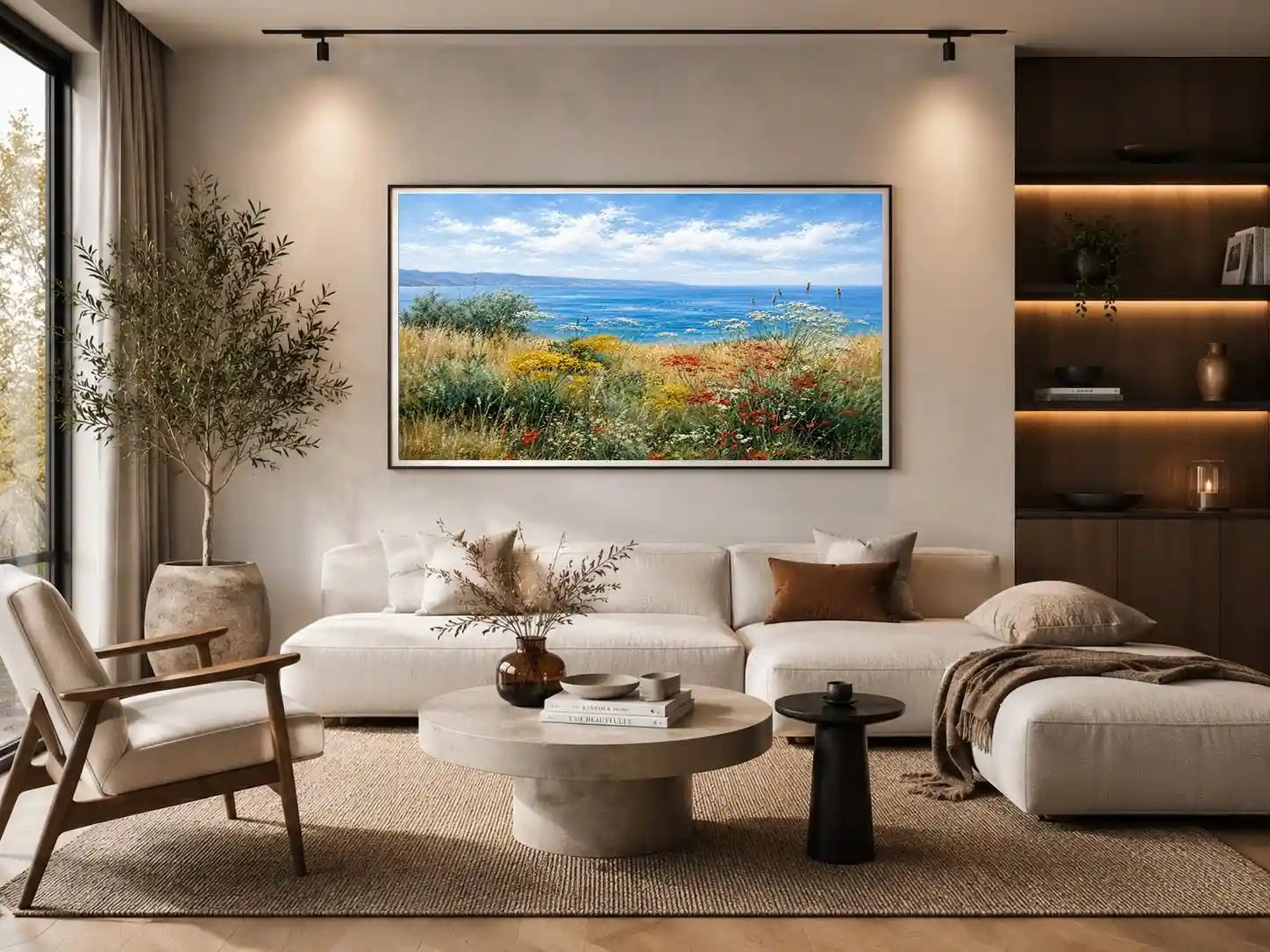 Coastal wildflower landscape canvas art for relaxed living room decor.