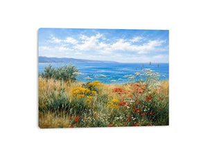 Coastal wildflower landscape canvas art for relaxed living room decor.