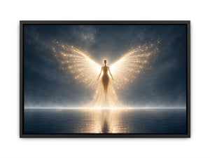 Ethereal angel artwork with glowing wings for peaceful bedroom decor.
