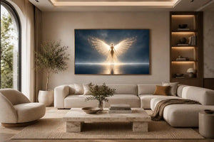 Ethereal angel artwork with glowing wings for peaceful bedroom decor.