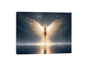 Ethereal angel artwork with glowing wings for peaceful bedroom decor.
