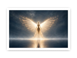 Ethereal angel artwork with glowing wings for peaceful bedroom decor.
