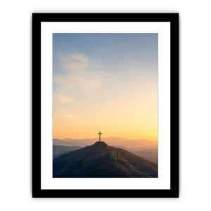 Mountain cross canvas print at sunrise for peaceful bedroom wall decor.