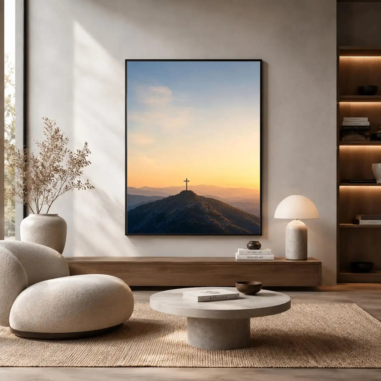 Mountain cross canvas print at sunrise for peaceful bedroom wall decor.