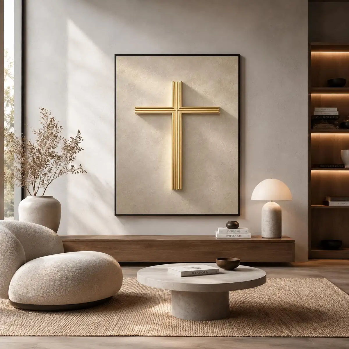 Gold cross wall art on neutral textured background for modern home decor.