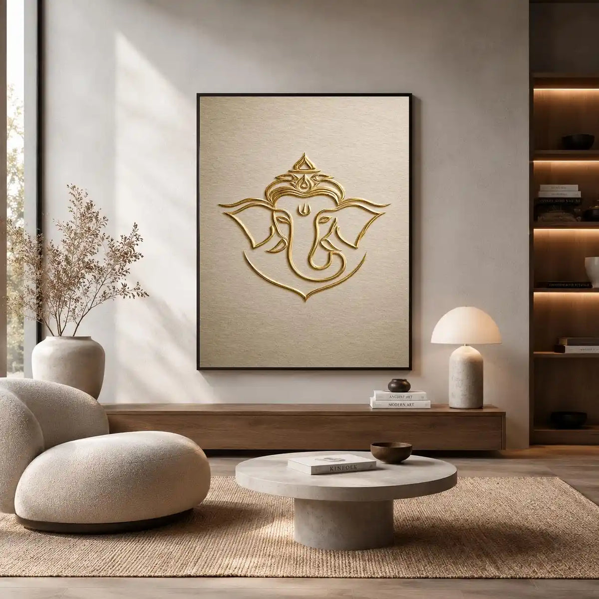 Gold Ganesha artwork on neutral background for elegant entryway decor.