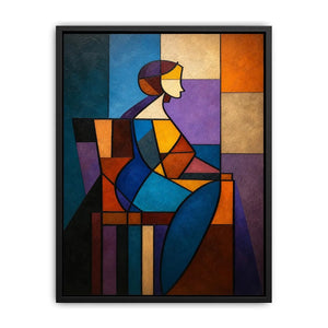 Colorful cubist canvas art with geometric woman figure for modern living room decor.