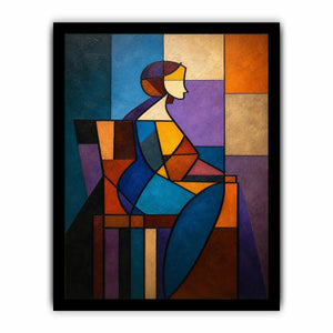 Colorful cubist canvas art with geometric woman figure for modern living room decor.