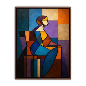 Colorful cubist canvas art with geometric woman figure for modern living room decor.