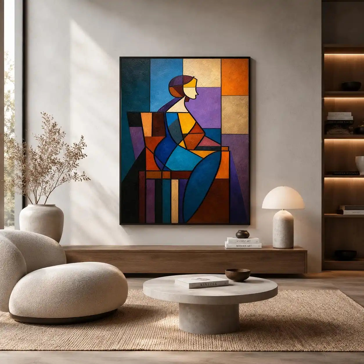 Colorful cubist canvas art with geometric woman figure for modern living room decor.