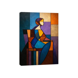 Colorful cubist canvas art with geometric woman figure for modern living room decor.