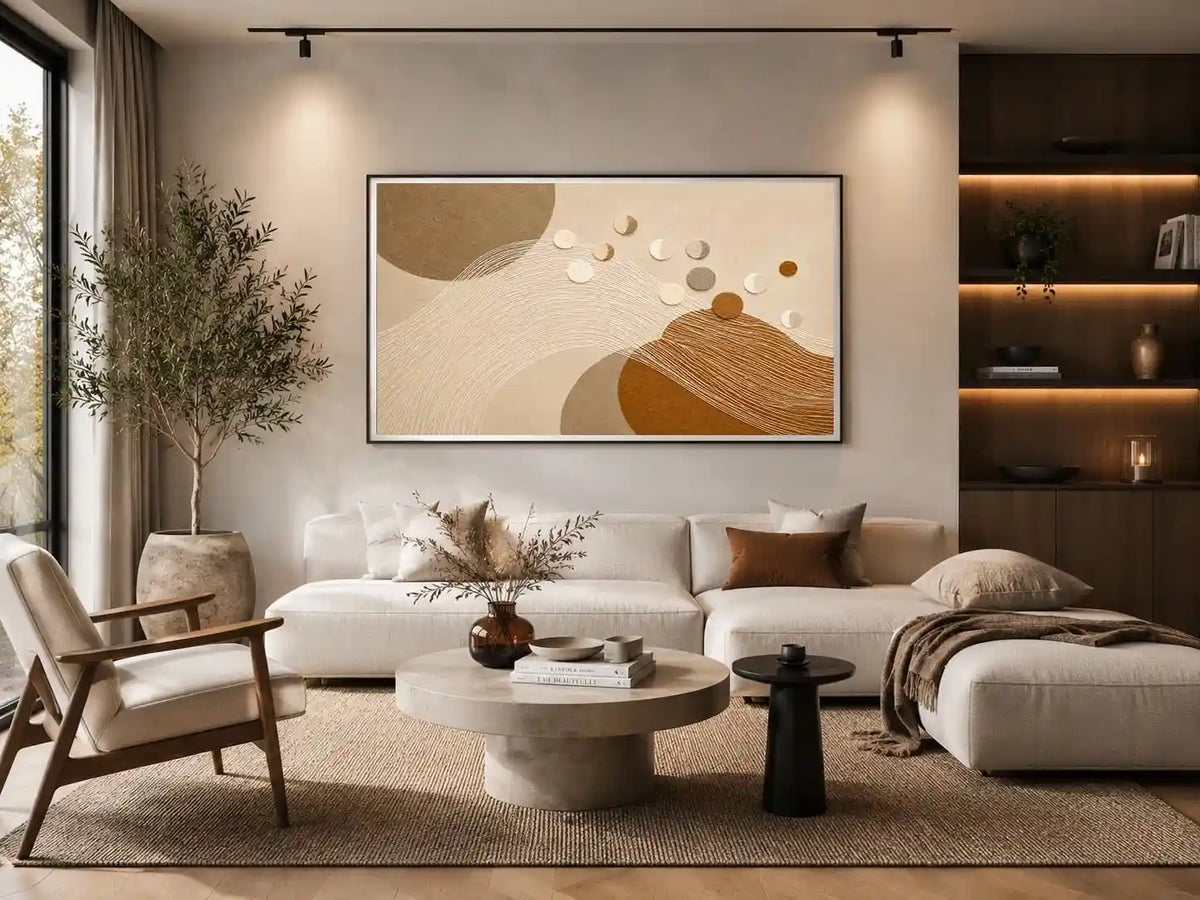 Neutral abstract geometric canvas art for modern living room decor.