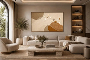 Neutral abstract geometric canvas art for modern living room decor.