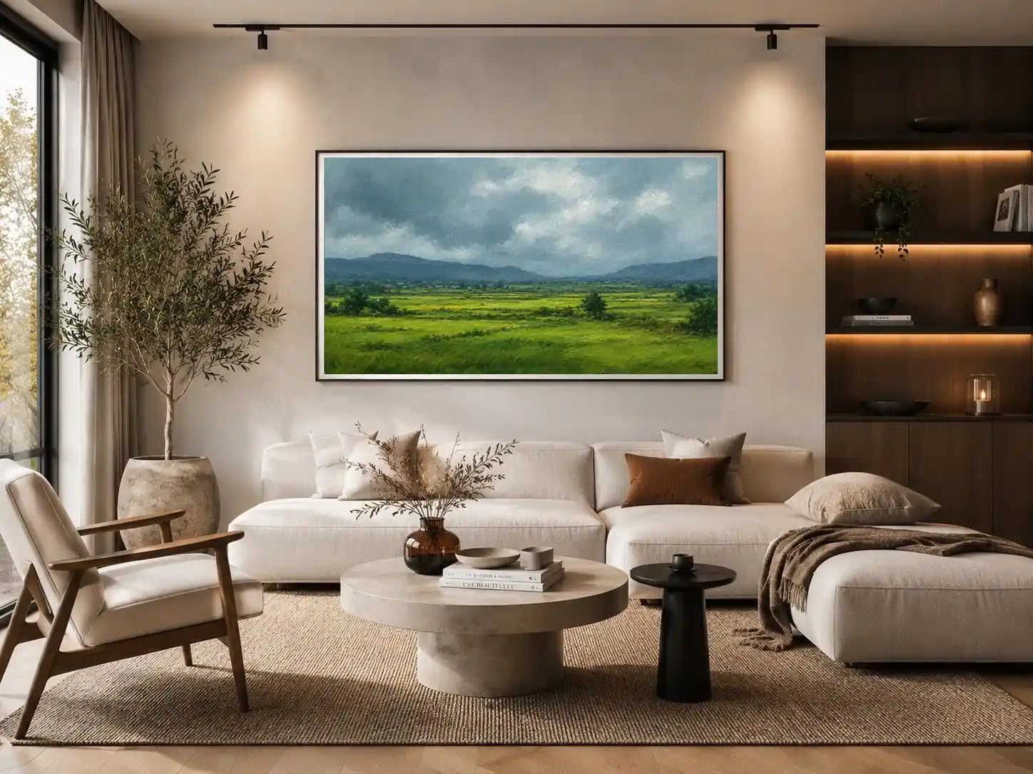 Green valley landscape canvas art for peaceful modern living room decor.