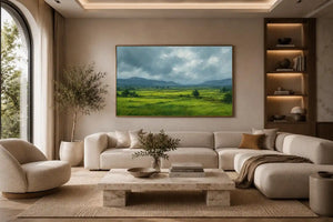 Green valley landscape canvas art for peaceful modern living room decor.