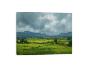 Green valley landscape canvas art for peaceful modern living room decor.