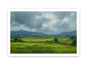 Green valley landscape canvas art for peaceful modern living room decor.