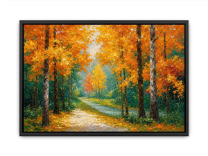 Autumn forest path canvas art in golden tones for living room decor.