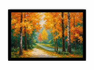 Autumn forest path canvas art in golden tones for living room decor.