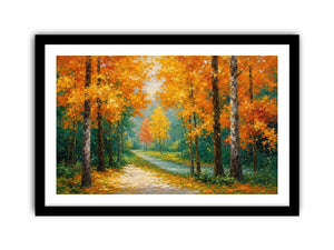 Autumn forest path canvas art in golden tones for living room decor.