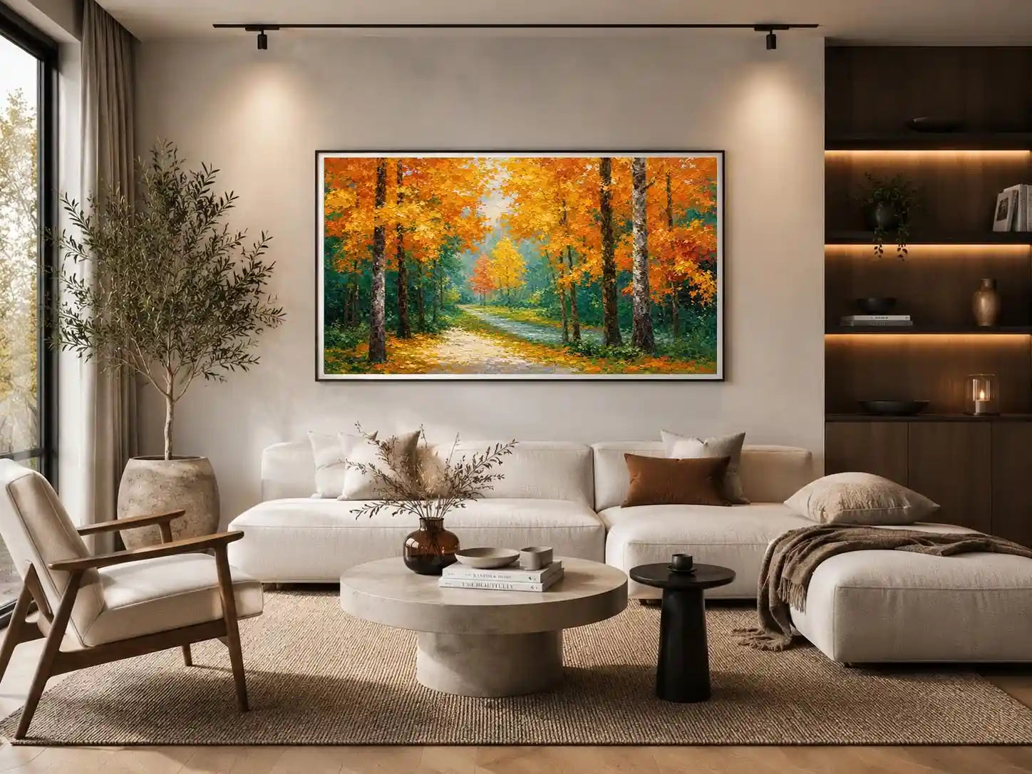 Autumn forest path canvas art in golden tones for living room decor.