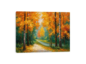 Autumn forest path canvas art in golden tones for living room decor.