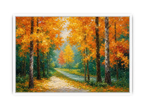 Autumn forest path canvas art in golden tones for living room decor.