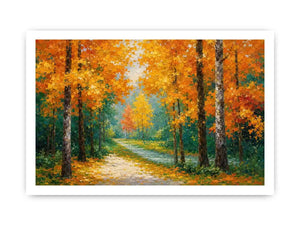 Autumn forest path canvas art in golden tones for living room decor.