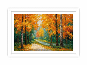 Autumn forest path canvas art in golden tones for living room decor.