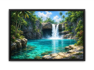 Tropical waterfall canvas art with turquoise lagoon for modern room decor.