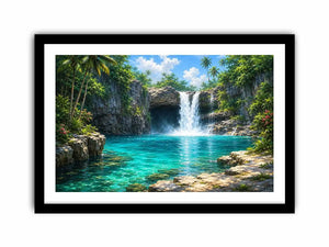 Tropical waterfall canvas art with turquoise lagoon for modern room decor.