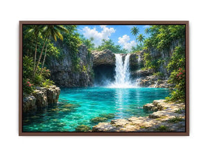 Tropical waterfall canvas art with turquoise lagoon for modern room decor.
