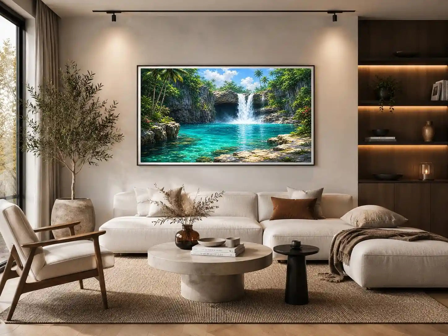 Tropical waterfall canvas art with turquoise lagoon for modern room decor.